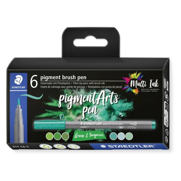 Staedtler Brush pens - Pigment arts st - assorteret farver - grn/turkis - 6 stk.